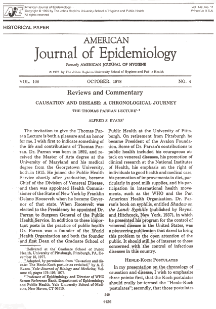 Epidemiologia veterinaria: Evans, American J. Epidemiology